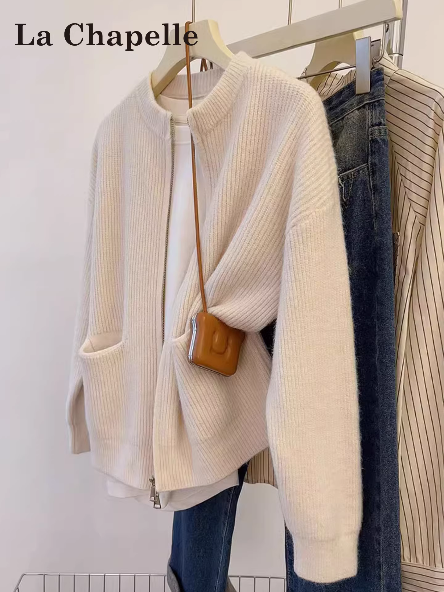 Áo khoác len dệt kim dài tay có khóa kéo La Chapelle màu trắng nhung Bắc Cực dành cho nữ, mẫu mới thu đông 2025, áo khoác ngoài ấm áp
