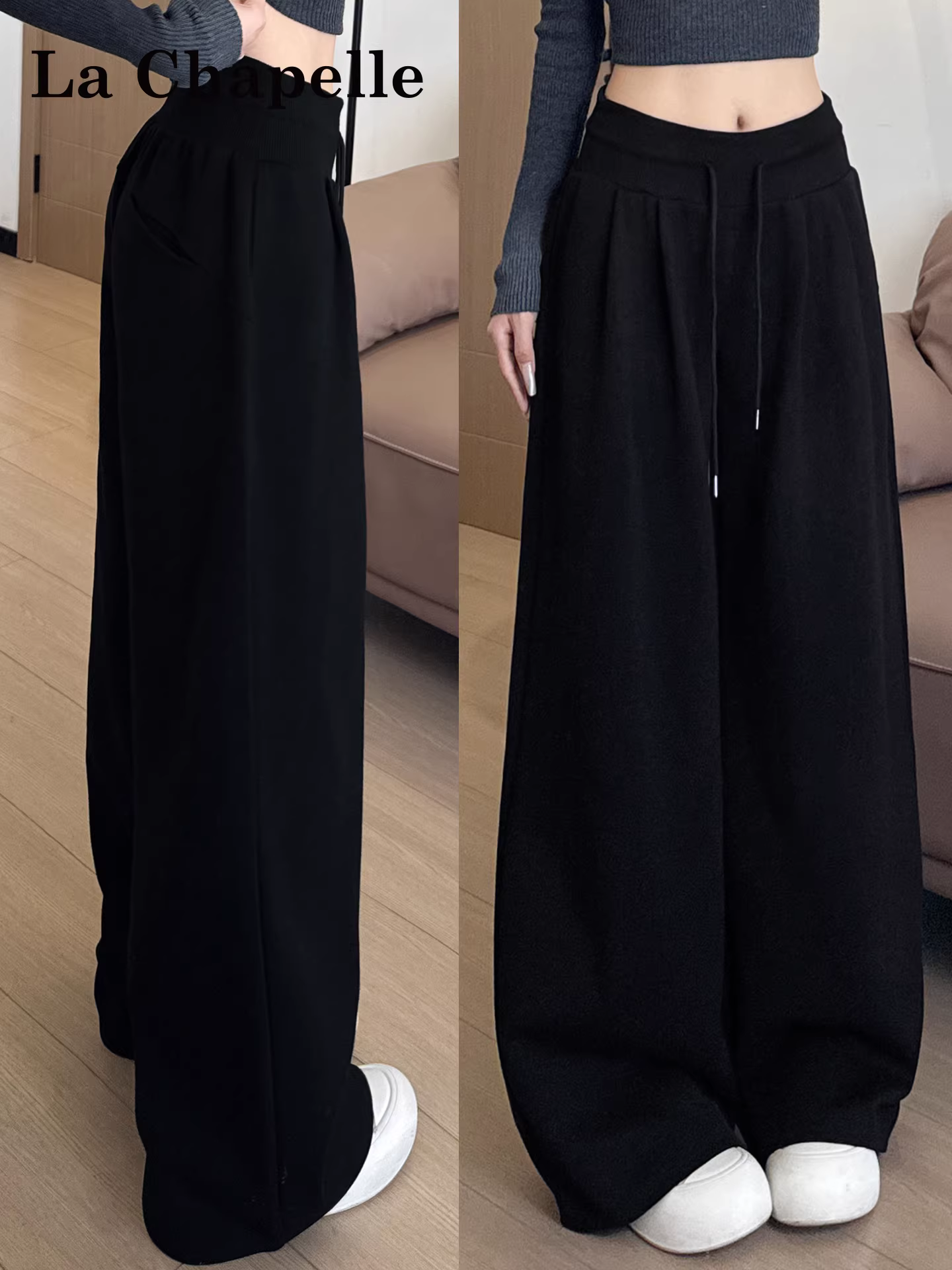 Quần ống rộng lót lông cừu đen La Chapelle dành cho nữ, mẫu mới mùa đông 2025, kiểu dáng rộng rãi thoải mái, có dây rút, phong cách thường ngày
