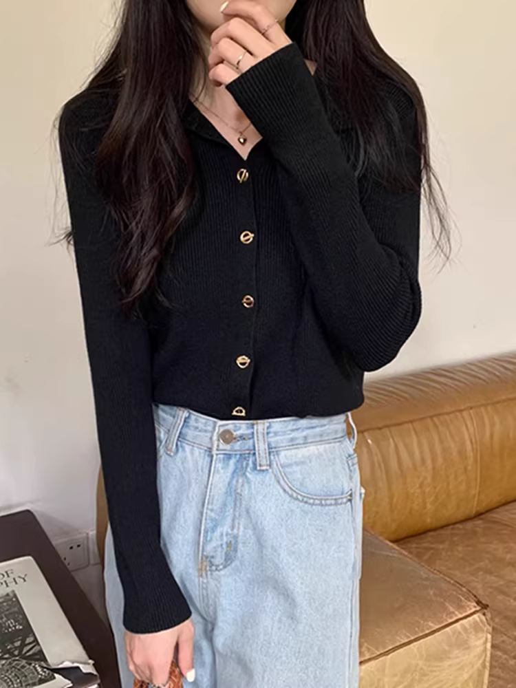 Áo len dệt kim cổ polo màu sáng La Chapelle tay dài dành cho nữ, kiểu dáng ôm sát, mùa thu 2025, áo khoác cardigan mặc trong