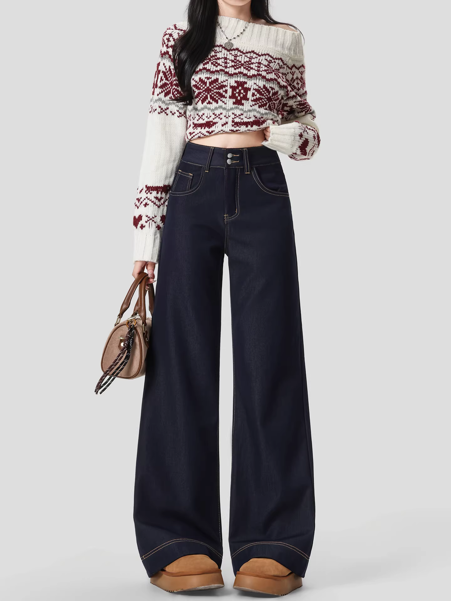 Quần jeans ống rộng dày dặn lót lông cừu La Chapelle dành cho nữ, mẫu mới thu đông 2025, dáng thẳng, size nhỏ nhắn