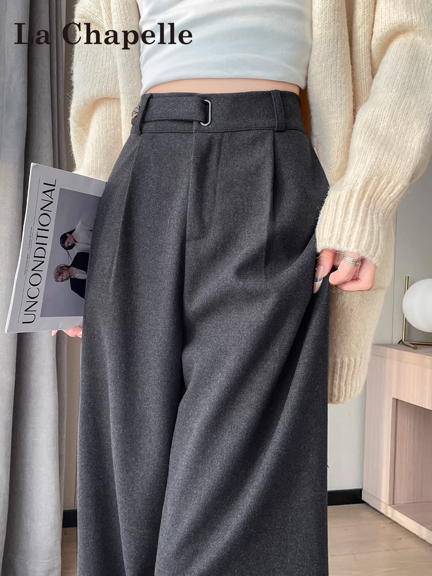 Quần âu dáng rộng chất len màu xám La Chapelle dành cho nữ, kiểu dáng ôm dáng, cạp cao, tôn dáng, mùa thu đông 2025, size nhỏ nhắn.
