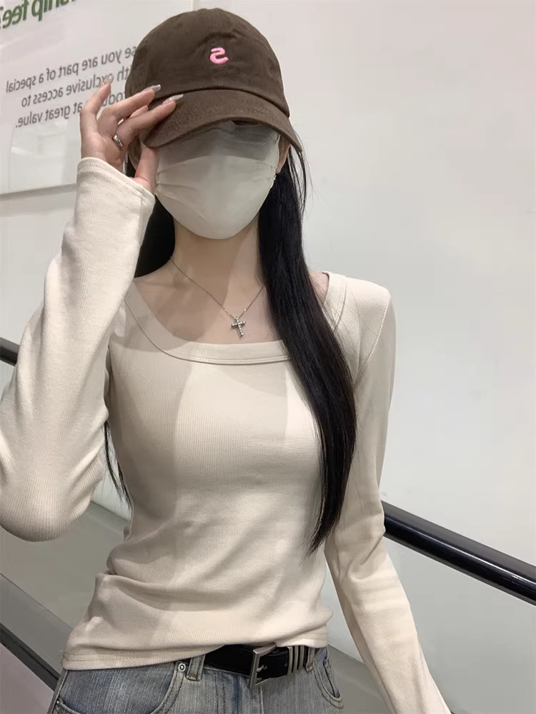 Áo sơ mi cổ vuông dài tay La Chapelle dành cho nữ, phong cách mới thu đông 2025, kiểu dáng vai thường, ôm vừa vặn, tôn dáng, áo thun mặc trong.