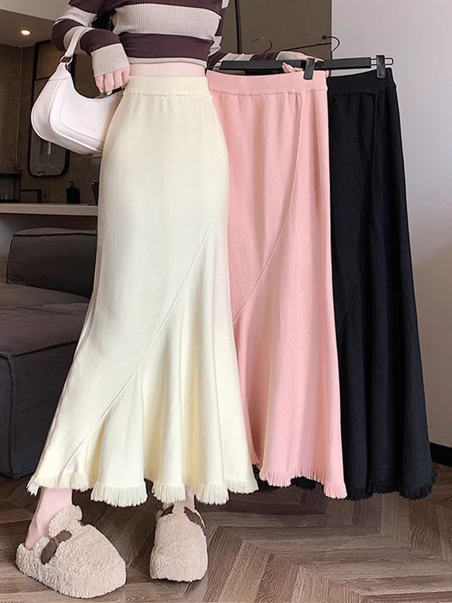 Váy len đuôi cá tua rua La Chapelle dành cho nữ, thu đông 2025, kiểu dáng mới, cạp cao, tôn dáng, ôm body, dáng chữ A