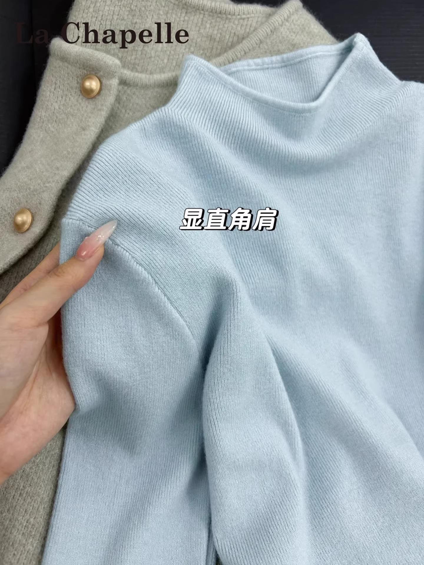 Áo len dệt kim dài tay cổ cao nửa cổ màu xanh La Chapelle dành cho nữ 2025 áo sơ mi xếp lớp bên trong vừa vặn mới mùa thu đông