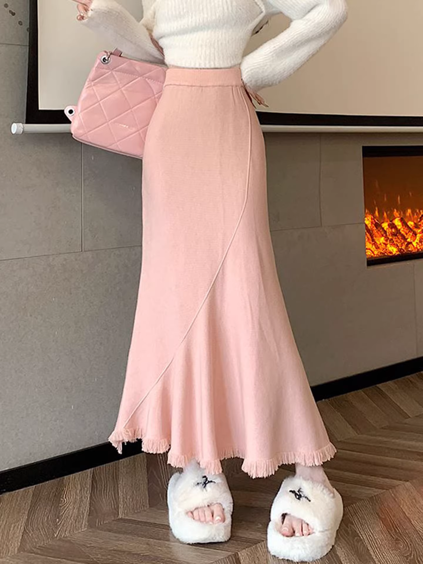 Váy len đuôi cá tua rua La Chapelle dành cho nữ, thu đông 2025, kiểu dáng mới, cạp cao, tôn dáng, ôm body, dáng chữ A