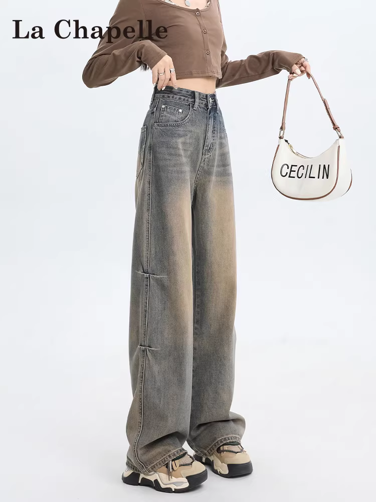 Quần jeans ống rộng La Chapelle kiểu retro dành cho nữ, thu đông 2025, cạp cao, dáng suông, tôn dáng, chất liệu mềm mại