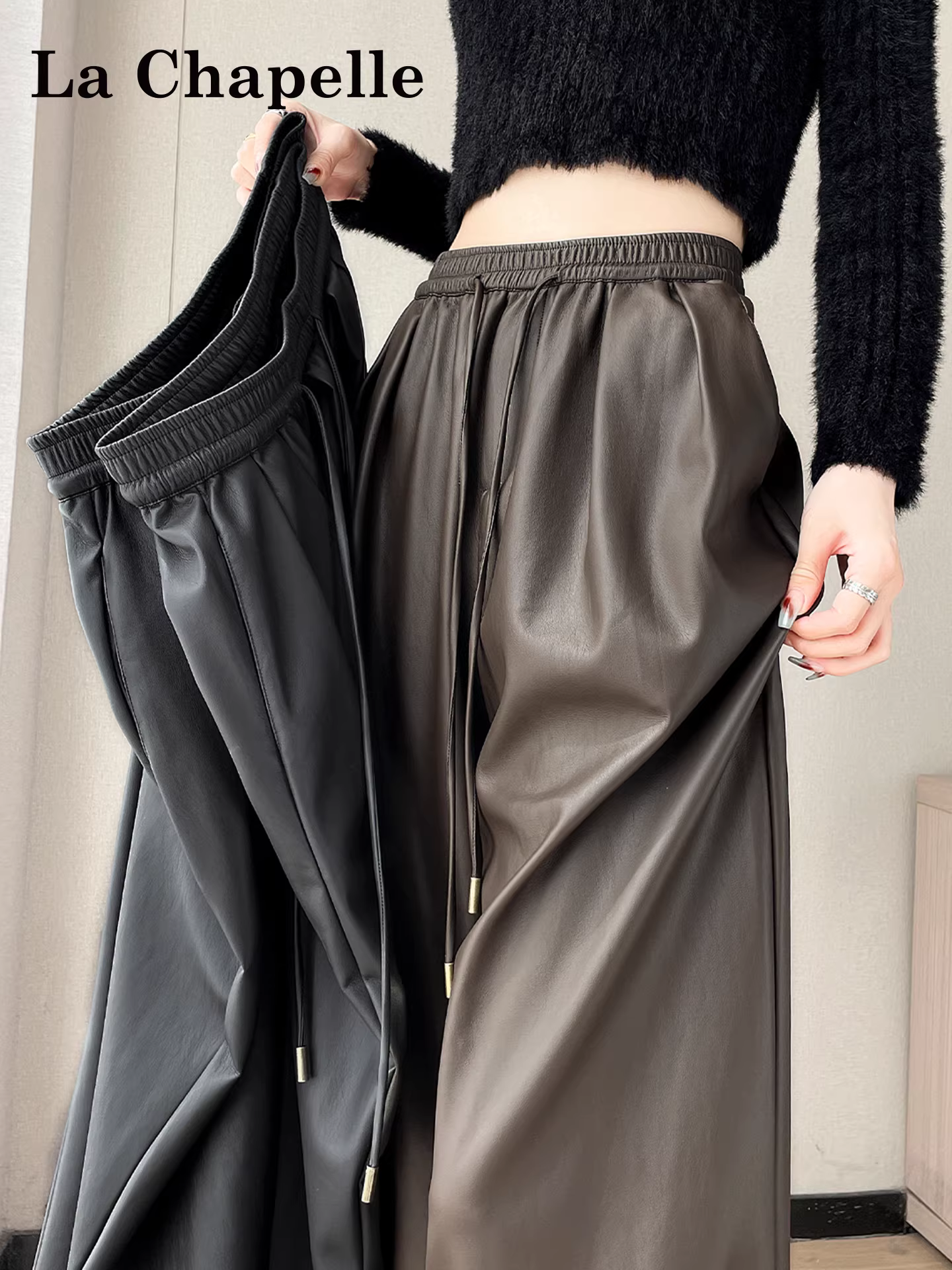 Quần ống rộng da dày lót lông màu cà phê La Chapelle dành cho nữ 2025 mới thu đông quần ống đứng lưng cao thường ngày