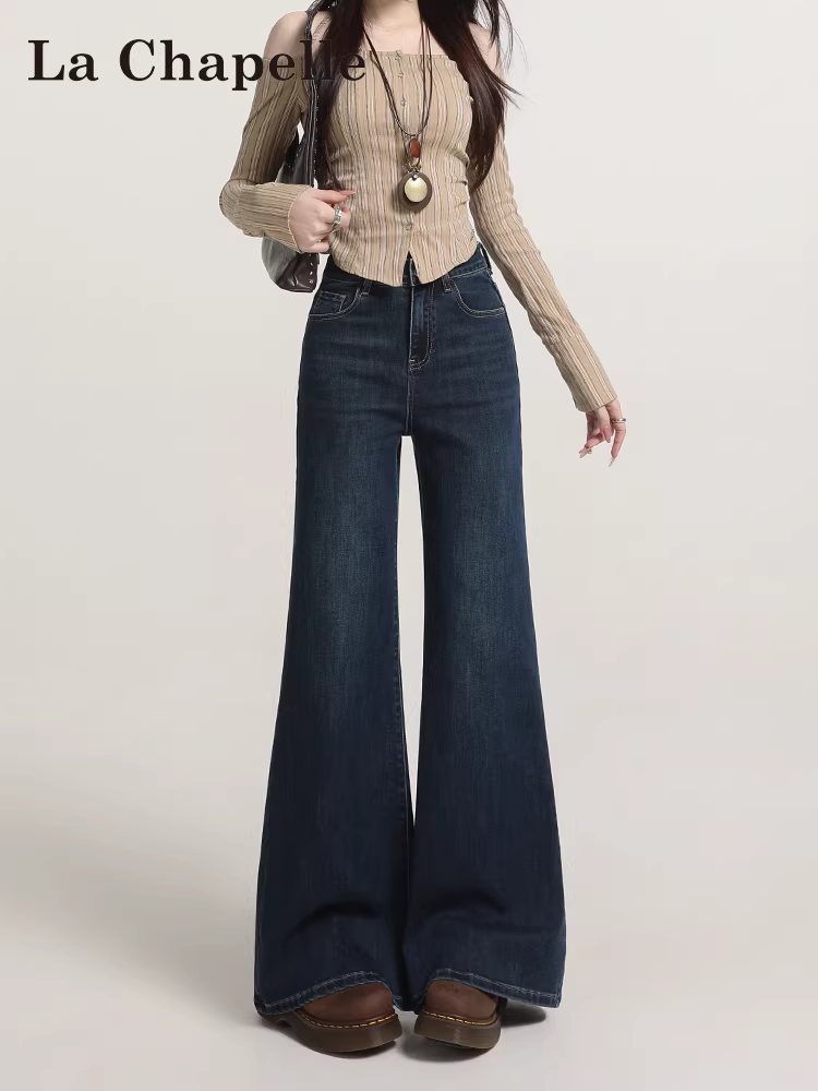 Quần jeans La Chapelle dáng loe retro nữ 2025 mới thu đông, cạp cao, rộng thùng thình, ống chuông