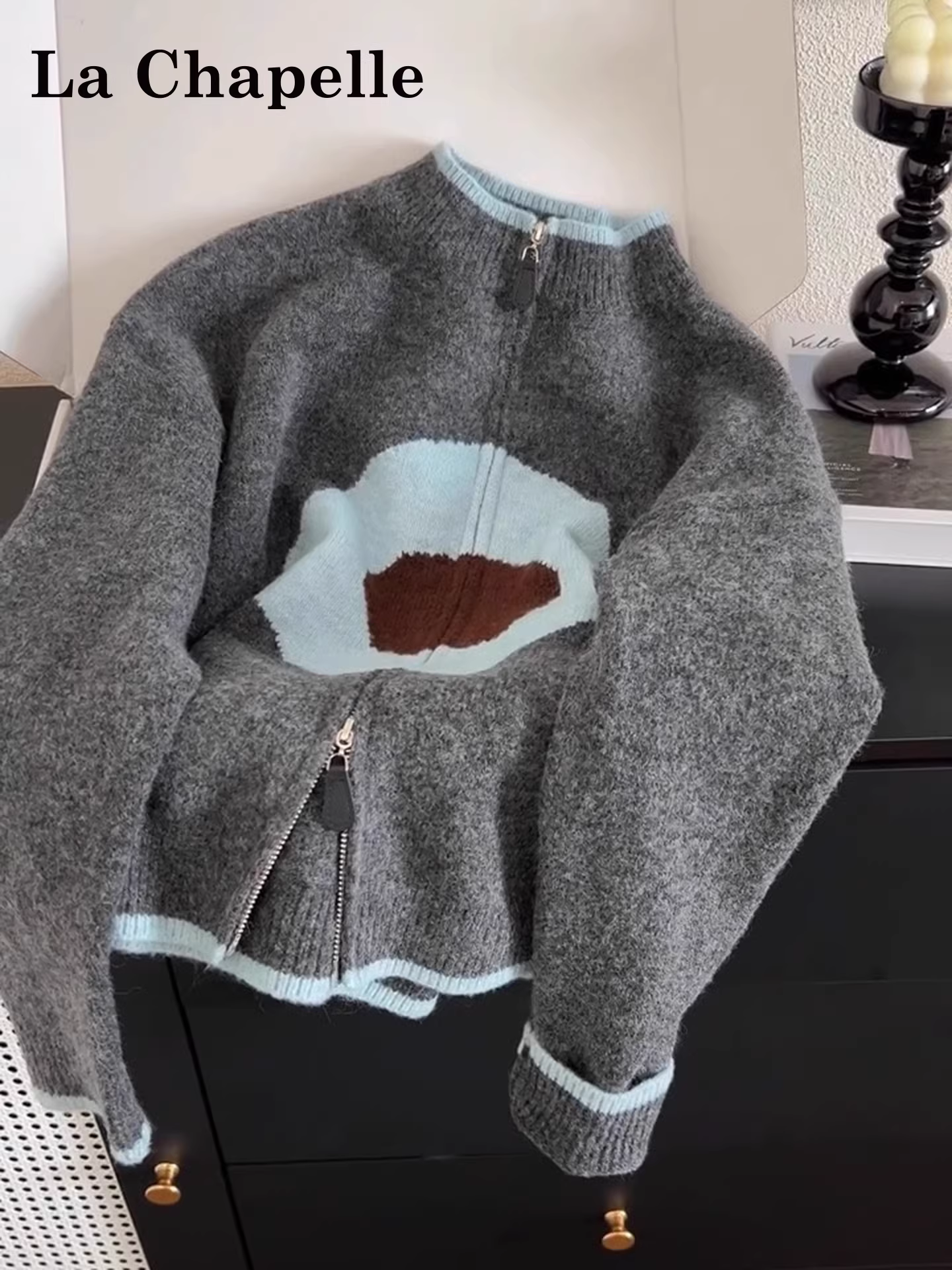 Áo khoác cardigan dệt kim dài tay dáng rộng La Chapelle jacquard dành cho nữ, mẫu mới thu đông 2025, áo khoác có khóa kéo đôi