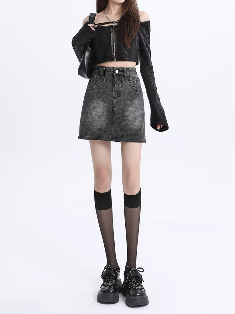 Váy ngắn denim lưng cao La Chapelle dành cho nữ, kiểu mới hè 2025, váy chữ A chống lộ dành cho các cô gái nhỏ nhắn.