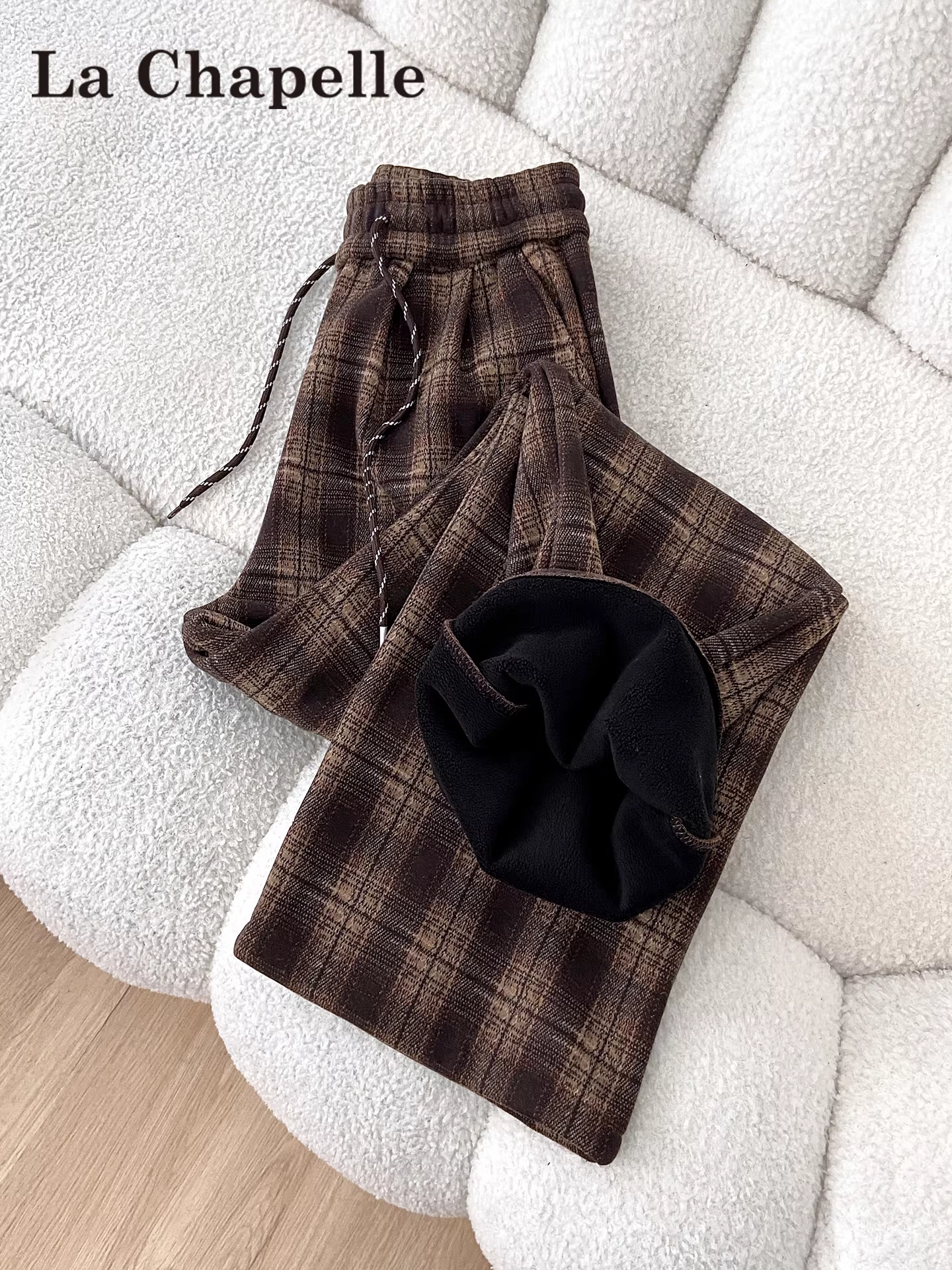 Quần ống rộng dày dặn lót lông cừu kẻ ca rô nâu La Chapelle dành cho nữ, kiểu dáng mùa thu đông 2025 mới, phong cách lười biếng, quần ống thẳng thường ngày