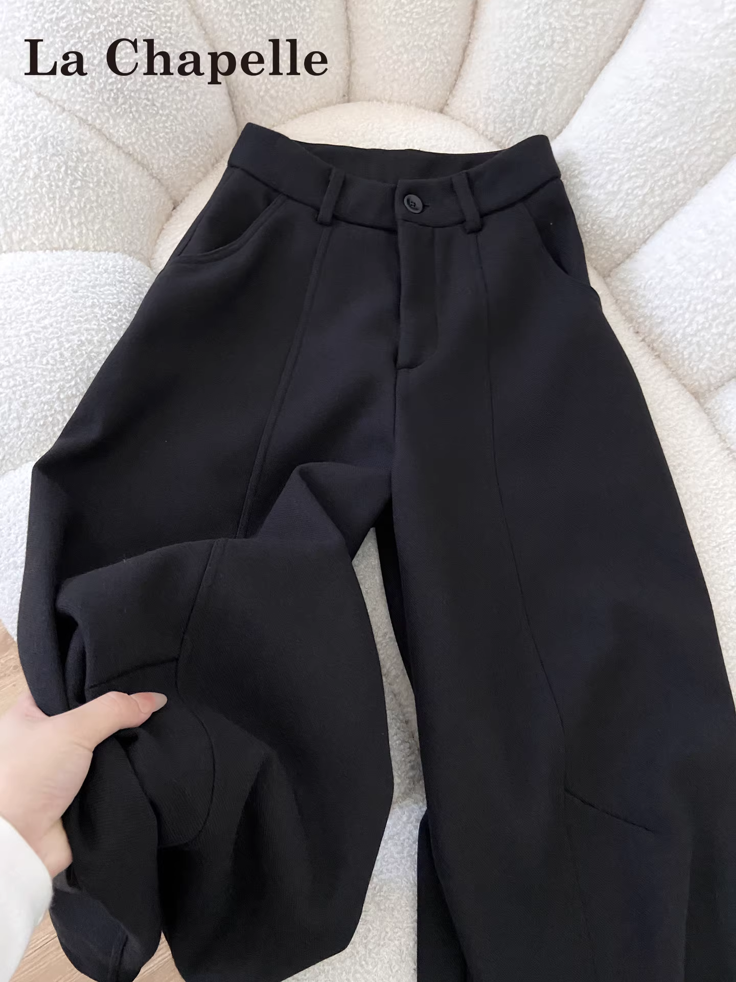 Quần ống rộng dày dặn lót lông cừu đen La Chapelle dành cho nữ, mẫu mới thu đông 2025, cạp cao, kiểu dáng thẳng, phong cách thường ngày