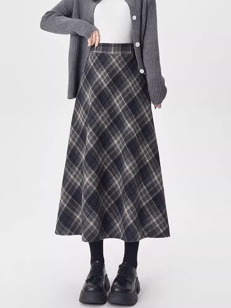 Váy len kẻ ca rô La Chapelle dành cho nữ, mùa thu đông 2025, kiểu dáng mới, cạp cao, tôn dáng, dáng chữ A, dài qua gối.