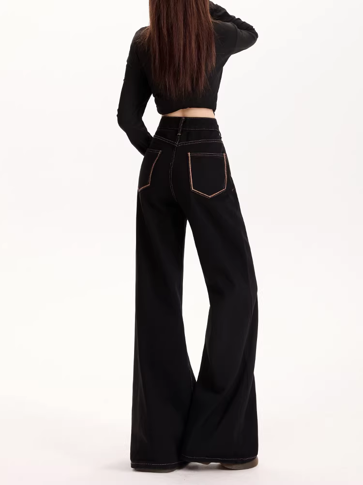 Quần jeans đen dáng rộng La Chapelle dành cho nữ, mẫu mới thu đông 2025, cạp cao, rộng rãi, lót lông, kiểu dáng loe.