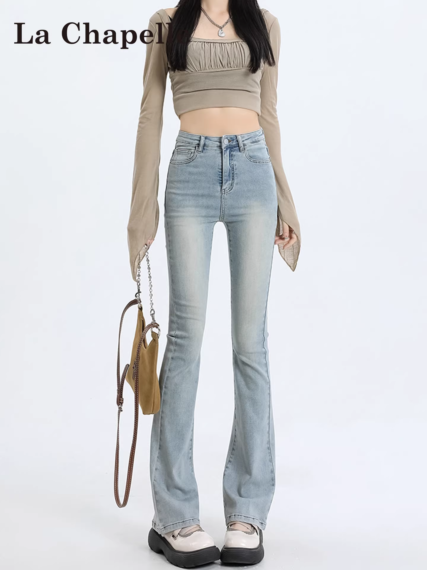 Quần jeans ống loe màu sáng lót lông cừu La Chapelle dành cho nữ, mẫu mới thu đông 2025, cạp cao, dáng ôm, kiểu chuông, size nhỏ nhắn