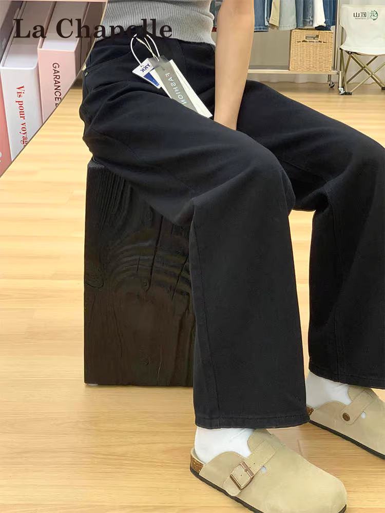 Quần jeans đen dáng rộng La Chapelle dành cho nữ, kiểu mới thu 2025, cạp cao, dáng suông, dành cho người nhỏ nhắn