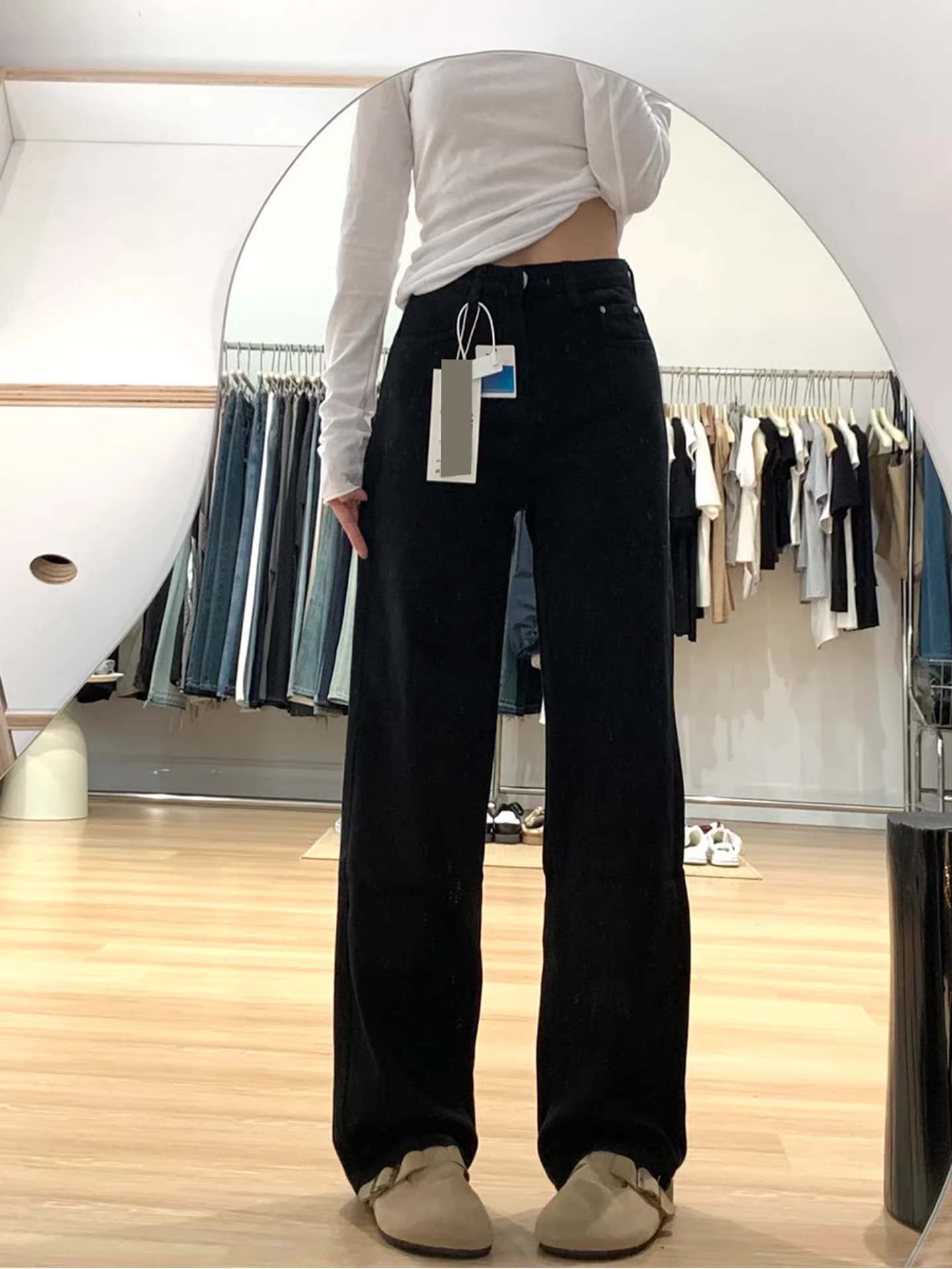 Quần jeans đen dáng rộng La Chapelle dành cho nữ, mẫu mới thu đông 2025, chất liệu lông cừu, dáng rộng, thẳng, size nhỏ nhắn