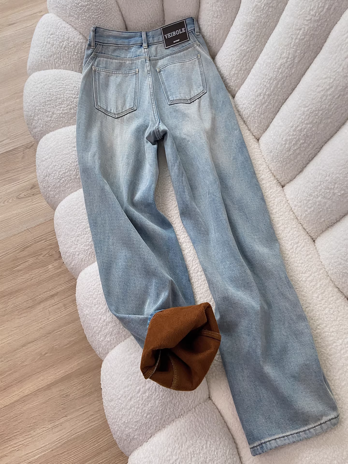 Quần jean ống rộng lót lông cừu trắng La Chapelle dành cho nữ, mùa thu đông 2025, kiểu mới cạp cao, dáng rộng, dày dặn, ống cong