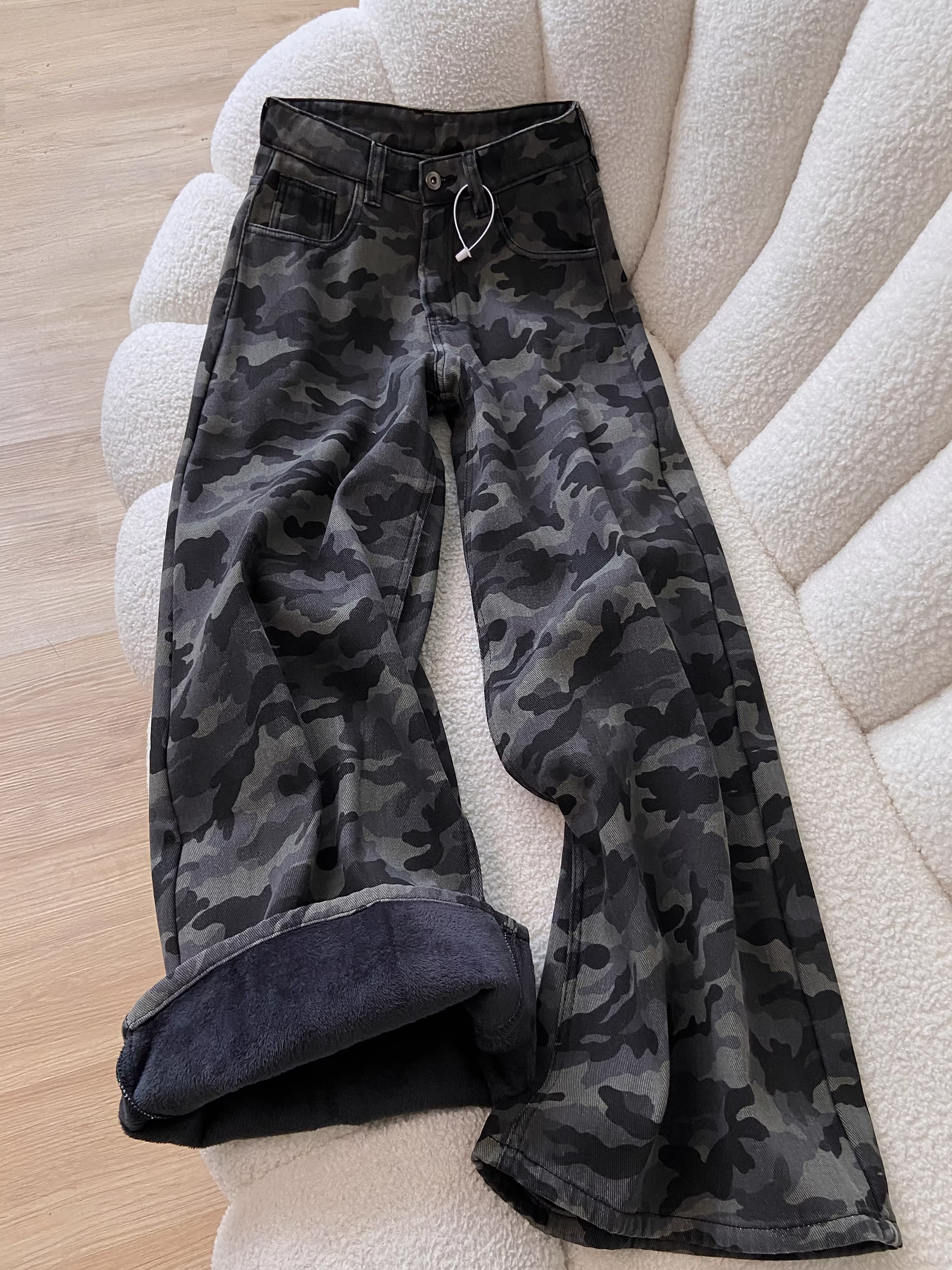 Quần jeans lót lông màu xám La Chapelle dành cho nữ, quần cargo ống rộng cạp cao dáng nhỏ nhắn mới mùa thu đông 2025