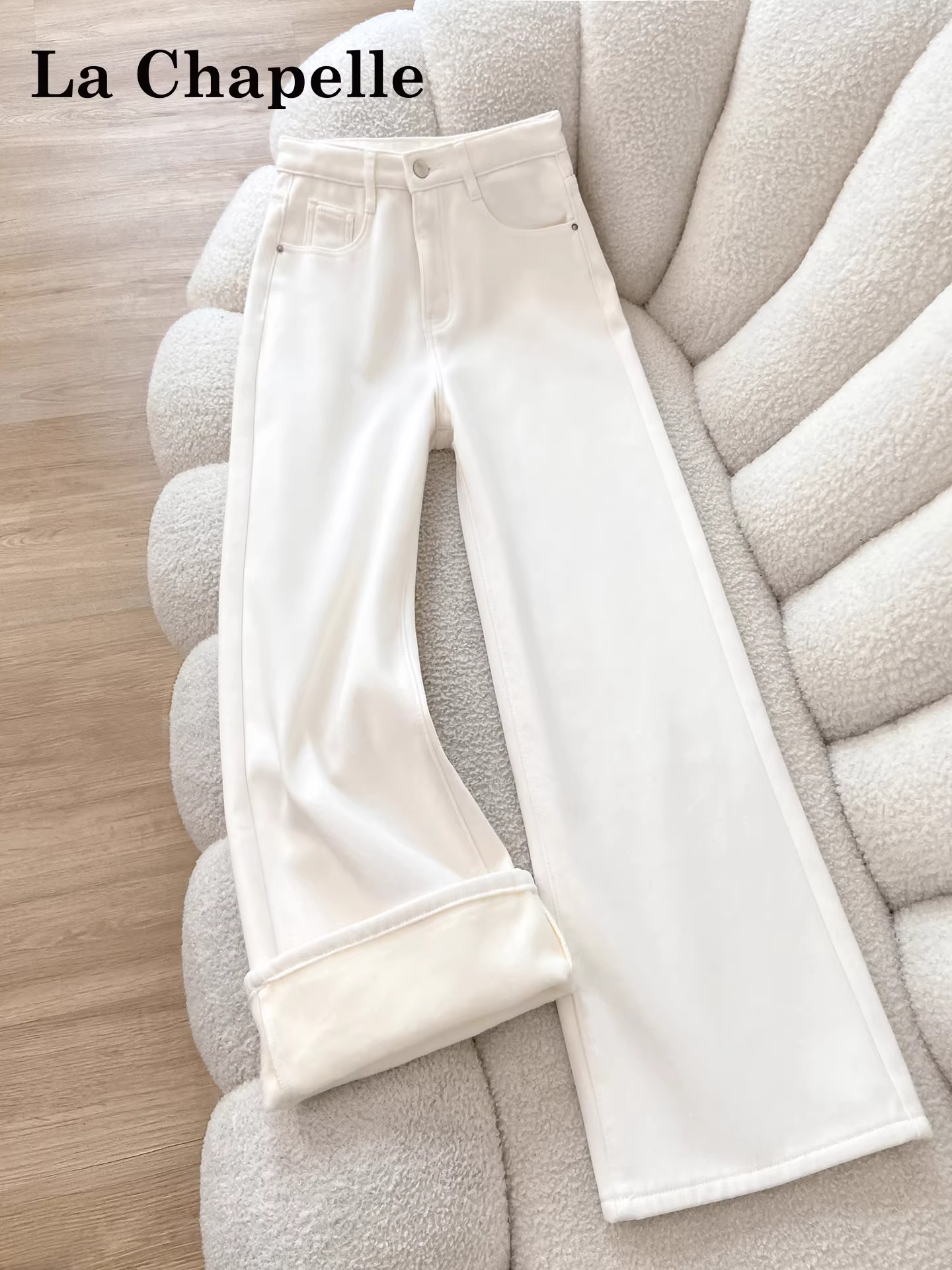 Quần jeans ống rộng lót lông trắng La Chapelle dành cho nữ, mùa thu đông 2025, kiểu dáng mới, cạp cao, rộng rãi, thẳng.