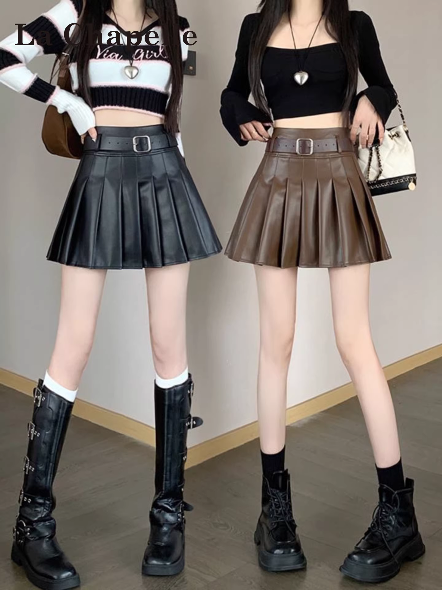 Chân váy xếp ly nâu La Chapelle dành cho nữ, kiểu mới thu đông 2025, chân váy da dáng chữ A cao eo, phong cách gợi cảm dành cho người nhỏ nhắn.