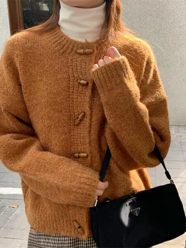 Áo len dệt kim dài tay màu trắng La Chapelle dành cho nữ 2025 mới mùa thu đông cổ tròn áo khoác cardigan ngắn hàng đầu