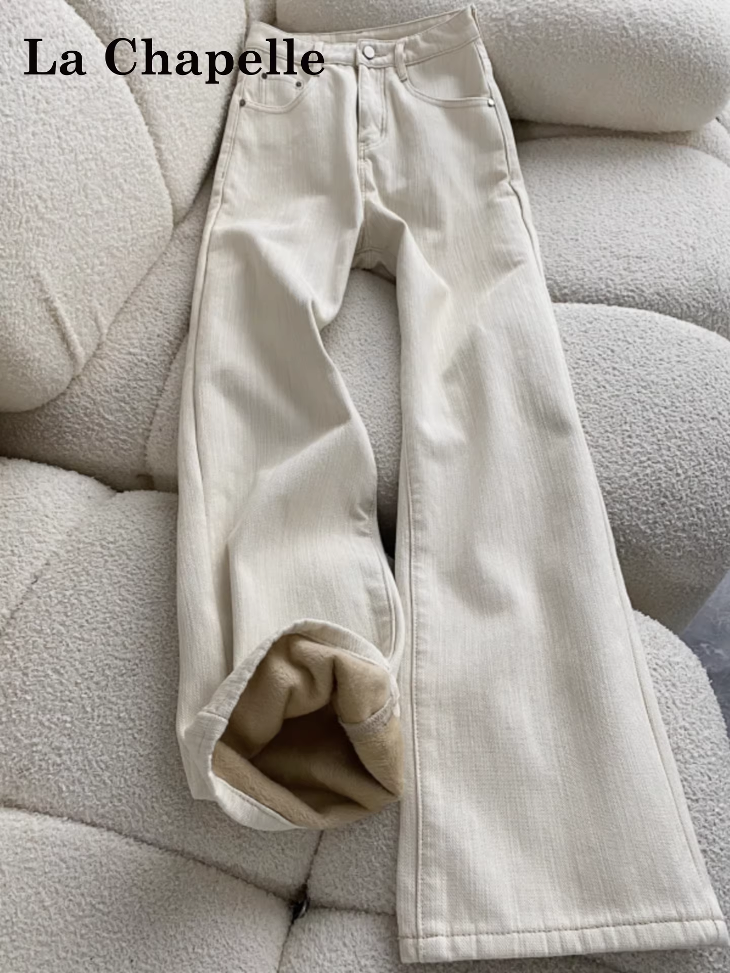 Quần jeans ống rộng lót lông cừu La Chapelle dành cho nữ, mùa thu đông 2025, kiểu dáng mới, cạp cao, tôn dáng, dáng thẳng.