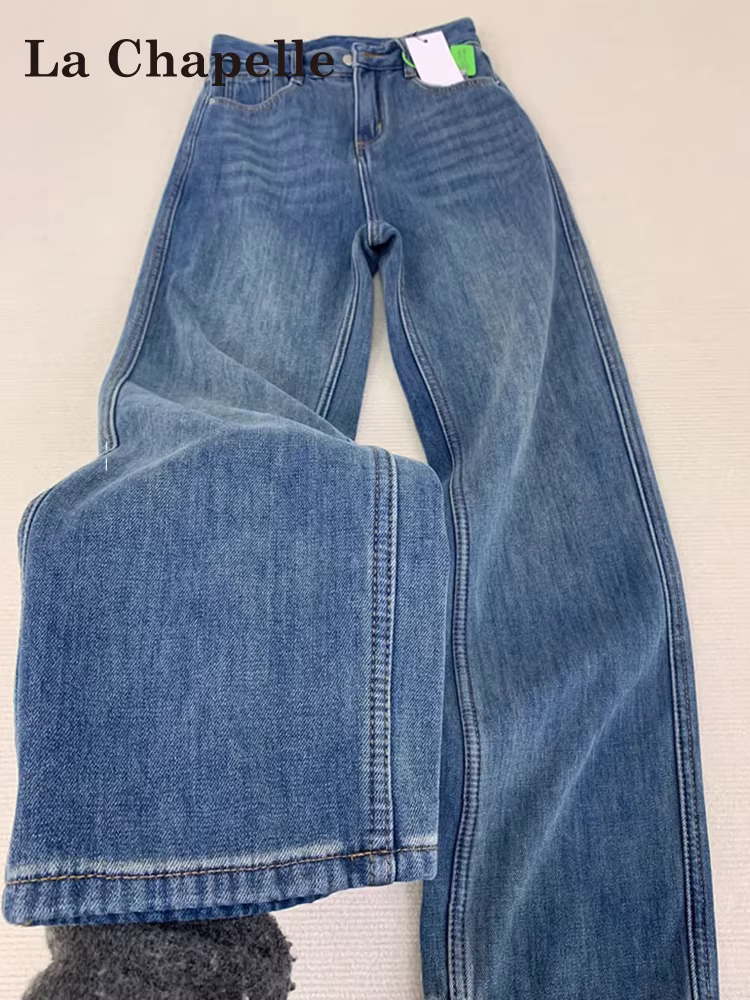 Quần jeans ống rộng La Chapelle dành cho nữ, kiểu mới thu đông 2025, dáng nhỏ nhắn, lót lông cừu, cạp cao, quần ống thẳng rộng.