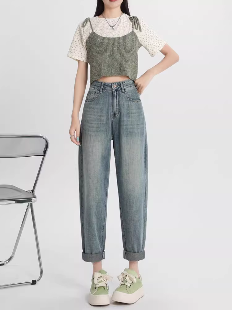 Quần jeans rộng thùng thình La Chapelle dành cho nữ, mùa thu đông 2025, kiểu dáng mới, cạp cao, dáng nhỏ nhắn, kiểu dáng quần cà rốt.