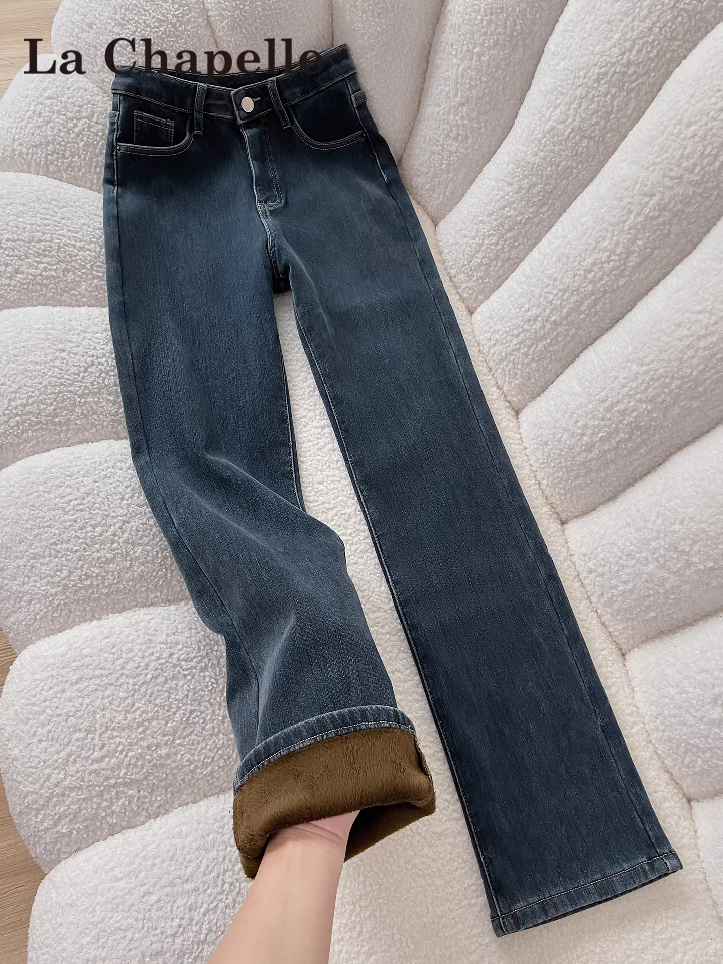 Quần jeans ống đứng dày lót lông La Chapelle dành cho nữ, mẫu mới thu đông 2025, cạp cao, ôm dáng, kiểu dáng quần thuốc lá