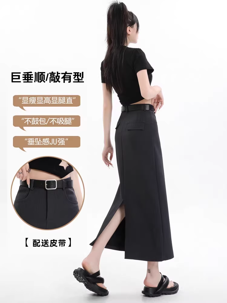 Váy đen La Chapelle dành cho nữ, kiểu dáng mới xuân thu 2025, cạp cao, dài ngang đùi, xẻ tà, dáng chữ A, kiểu bút chì.