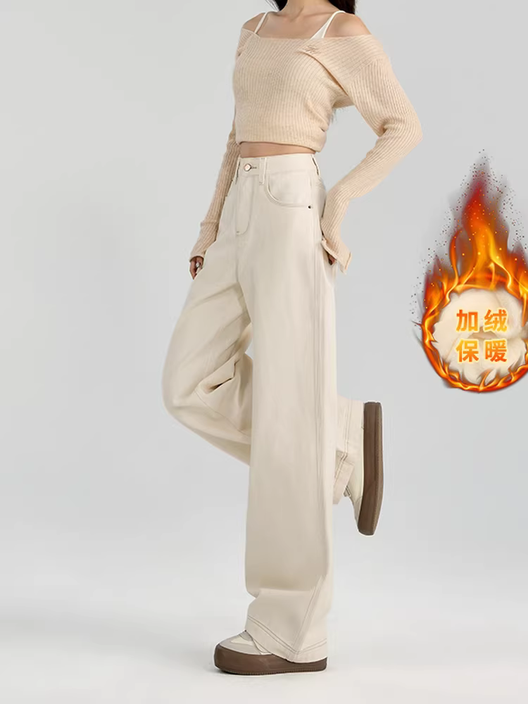 Quần jeans trắng La Chapelle ống rộng dành cho nữ, thu đông 2025, kiểu mới cạp cao, lót lông, dáng thẳng, size nhỏ