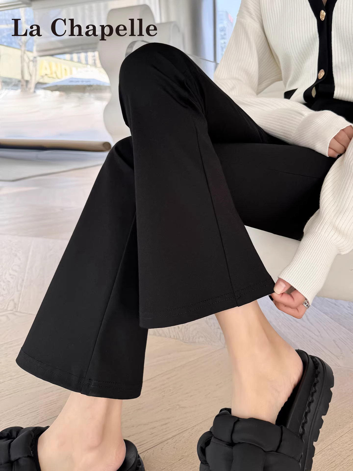 Quần âu đen dáng loe La Chapelle dành cho nữ, thu đông 2025, kiểu dáng ôm body tôn dáng, quần ống chuông ngắn, phong cách thường ngày