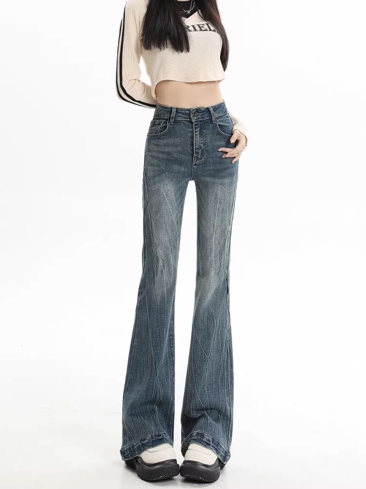 Quần jean La Chapelle dáng loe dành cho nữ, kiểu mới thu đông 2025, lót lông cừu, cạp cao cổ điển, không bó sát, kiểu ống loe.