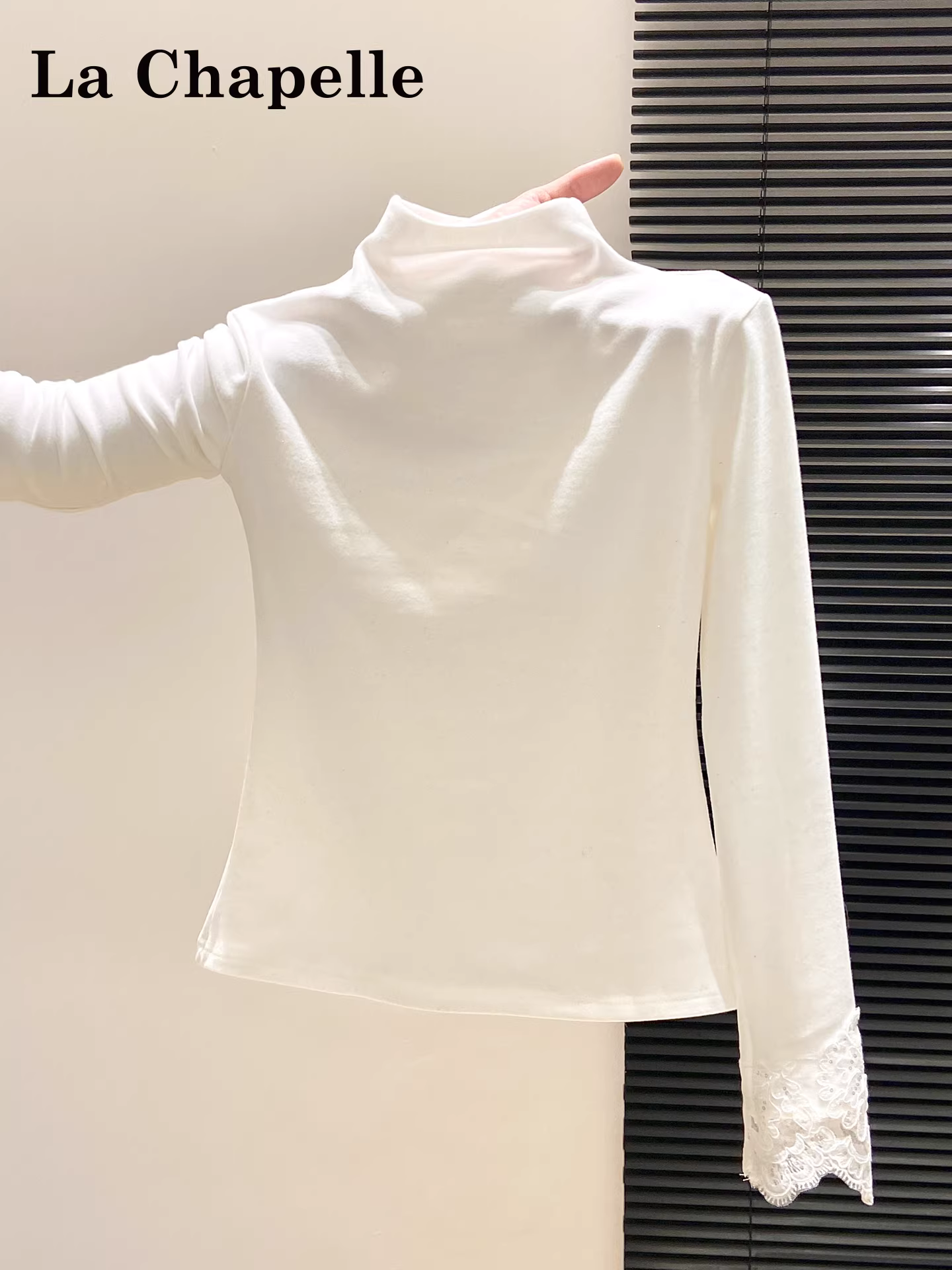 Áo thun nữ tay dài viền ren phong cách Hàn Quốc La Chapelle 2025 mới thu đông cổ nửa cao lớp trong áo lót