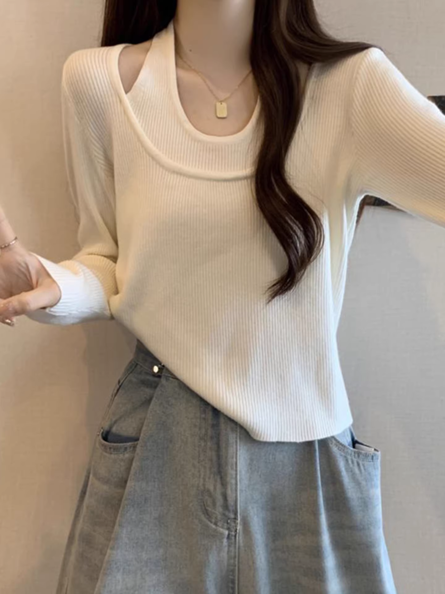 Áo len giả hai mảnh màu đen La Chapelle dành cho nữ, thiết kế ôm dáng mới mùa xuân thu 2025, mặc trong