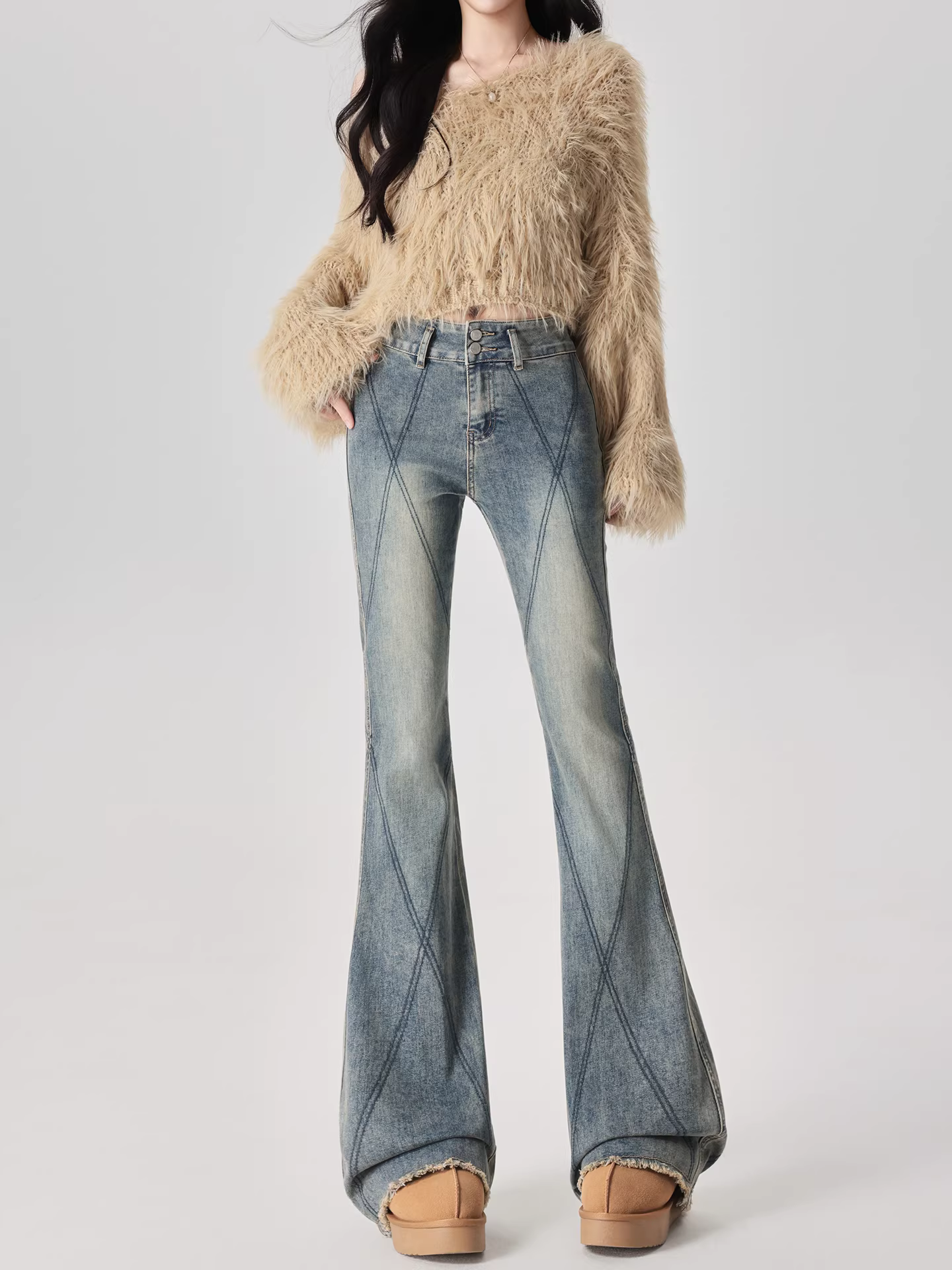 Quần jeans ống loe dày dặn lót lông cừu La Chapelle dành cho nữ, mẫu mới thu đông 2025, cạp cao, không bó sát