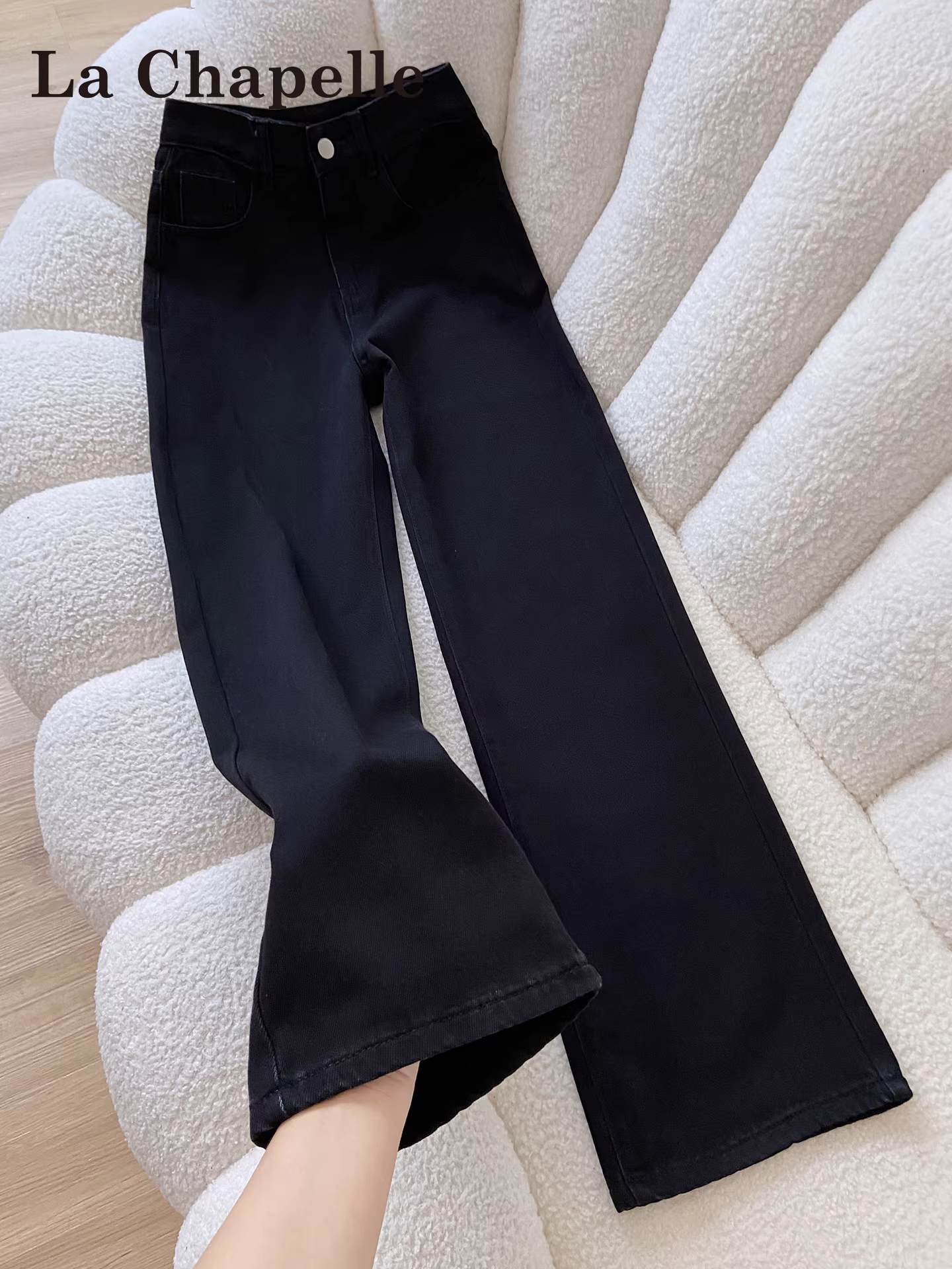 Quần jeans ống rộng lót lông cừu đen La Chapelle dành cho nữ, mùa thu đông 2025, kiểu dáng mới, cạp cao, dáng nhỏ nhắn, dài chạm sàn