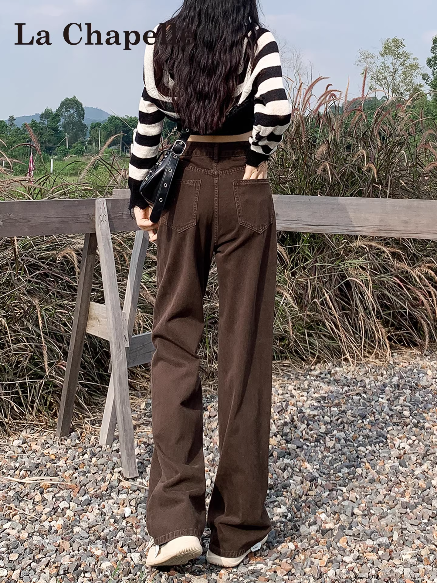 Quần jeans ống rộng màu cà phê La Chapelle, chất liệu lót lông, dáng ôm, dành cho nữ, mùa thu đông 2025, kiểu dáng mới, cạp cao, màu nâu, ống thẳng