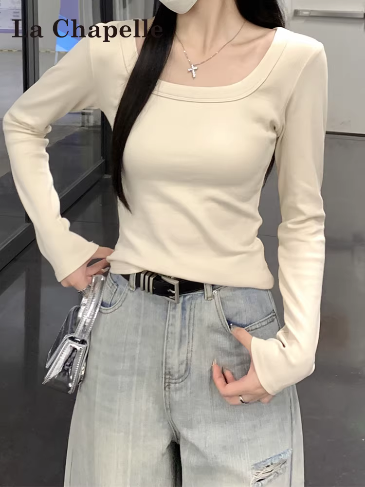 Áo sơ mi cổ vuông dài tay La Chapelle dành cho nữ, phong cách mới thu đông 2025, kiểu dáng vai thường, ôm vừa vặn, tôn dáng, áo thun mặc trong.