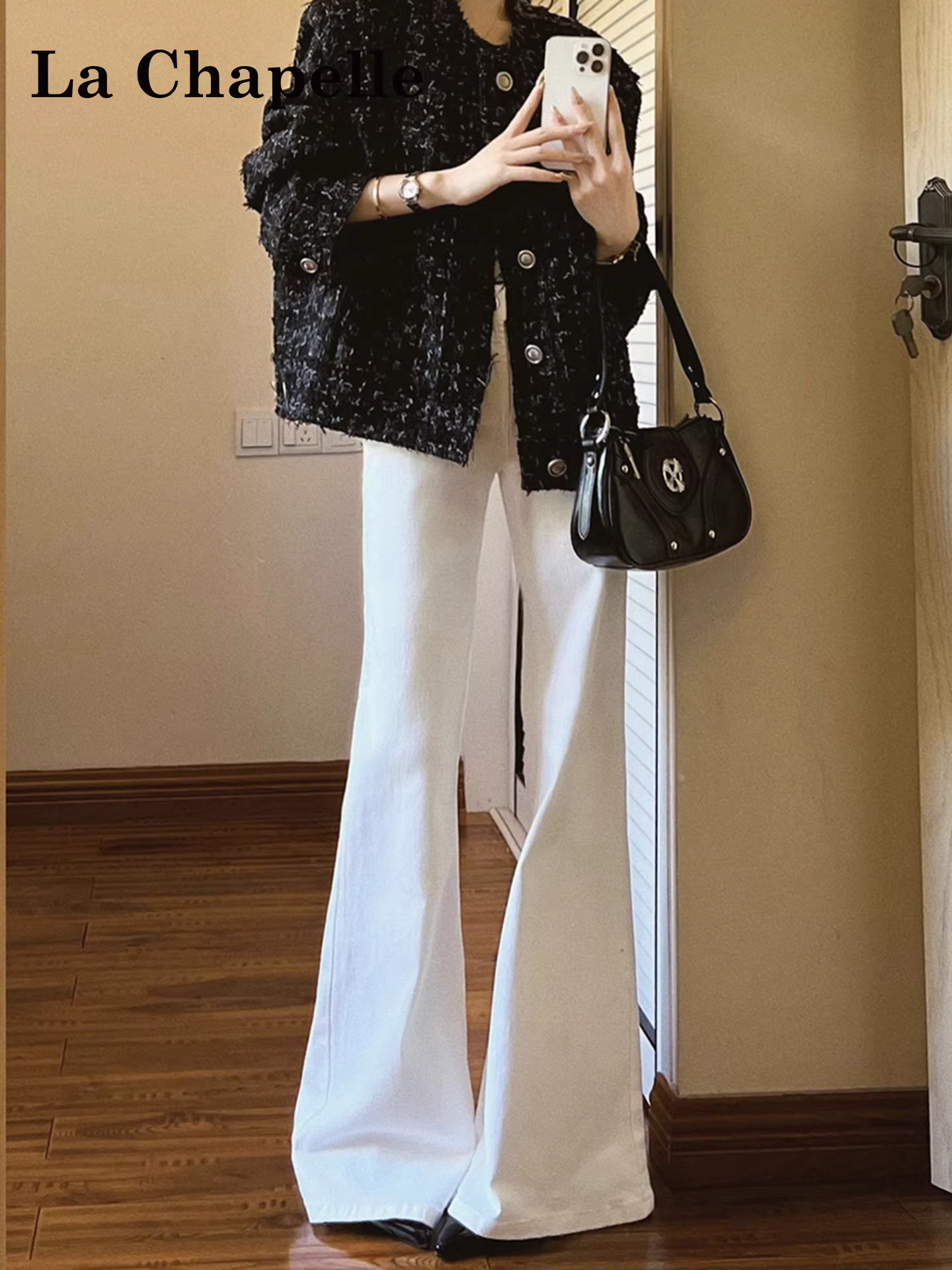 Quần jeans nữ La Chapelle màu trắng, lót lông cừu dày, cạp cao, ống rộng, kiểu dáng mới thu đông 2025, dáng thẳng rộng rãi