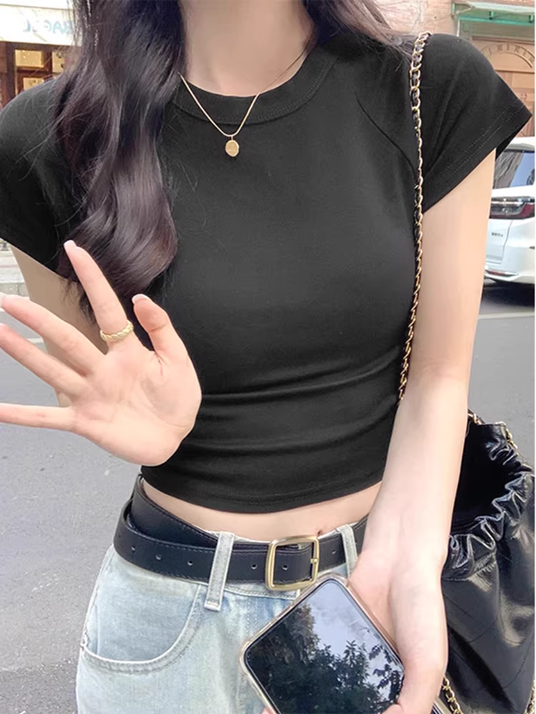 Áo thun trắng tay ngắn La Chapelle dành cho nữ, áo crop top ôm dáng mới mùa hè 2025, áo gợi cảm