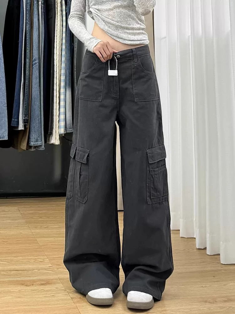 Quần cargo denim ống rộng màu xám La Chapelle dành cho nữ, kiểu dáng mới mùa thu 2025, phong cách Mỹ, cạp cao, dáng thẳng, size nhỏ nhắn