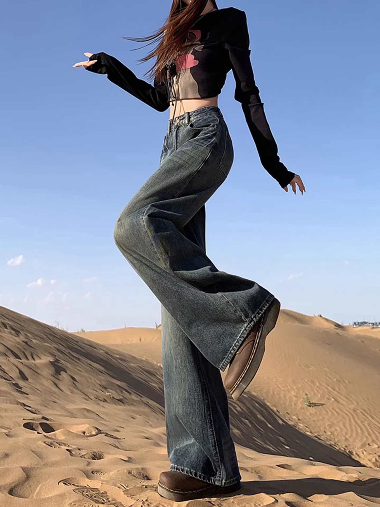 Quần jeans ống rộng La Chapelle kiểu retro dành cho nữ, thu đông 2025, cạp cao, dáng suông, size nhỏ