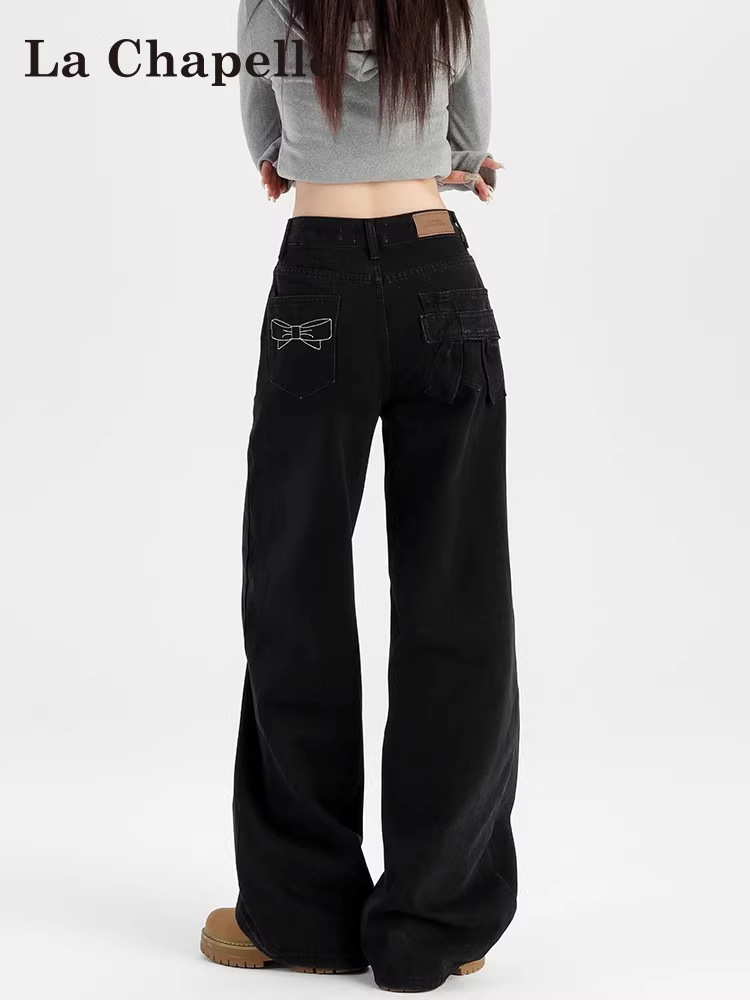 Quần jeans đen ống rộng La Chapelle dành cho nữ, kiểu mới thu đông 2025, quần thẳng lưng cao dáng rộng lót lông mềm mại, size nhỏ nhắn