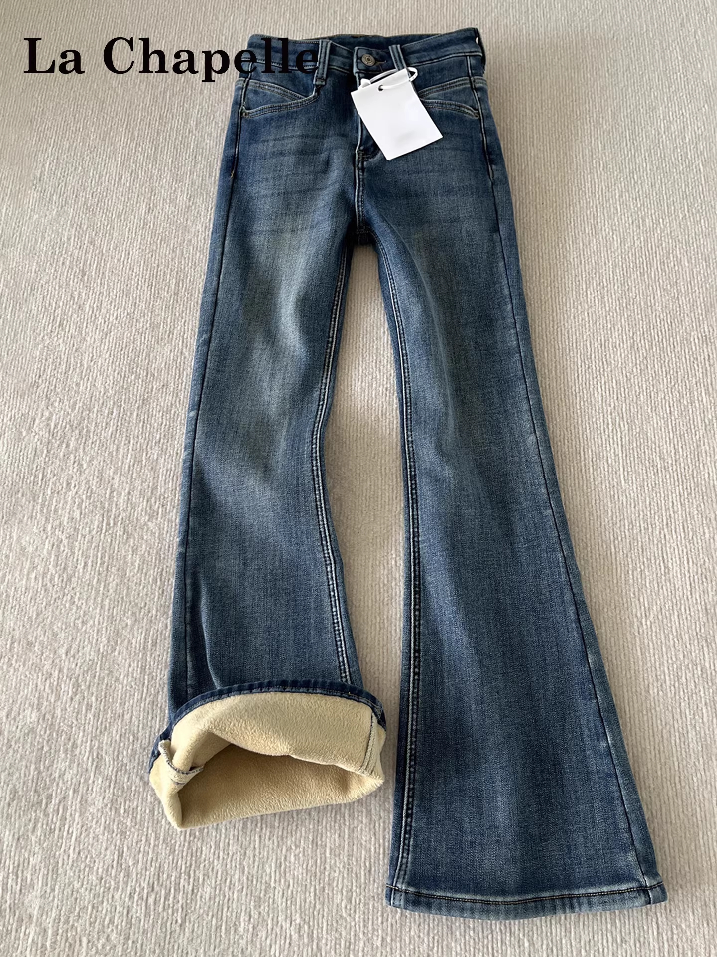 Quần jeans ống loe dày dặn lót lông cừu La Chapelle dành cho nữ, mẫu mới thu đông 2025, cạp cao, tôn dáng