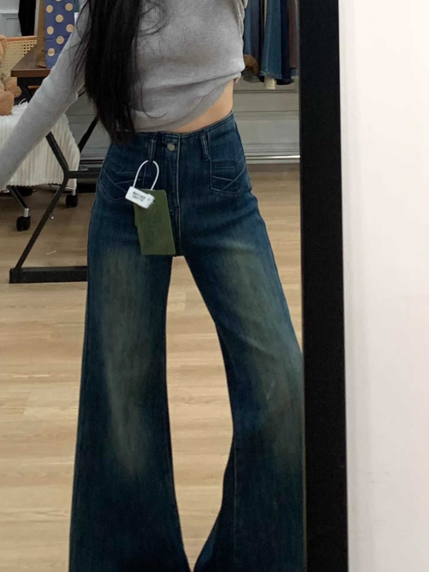 Quần jeans ống loe dày dặn lót lông cừu La Chapelle dành cho nữ, mẫu mới mùa đông 2025, cạp cao, dáng xòe