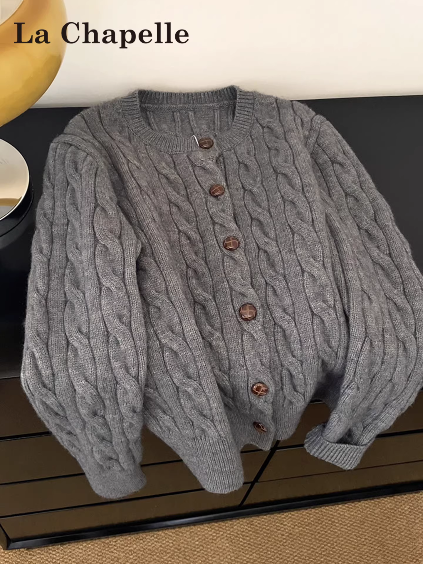 Áo len dệt kim màu xám La Chapelle dành cho nữ 2025 mới mùa thu đông áo khoác kiểu dáng rộng rãi giản dị