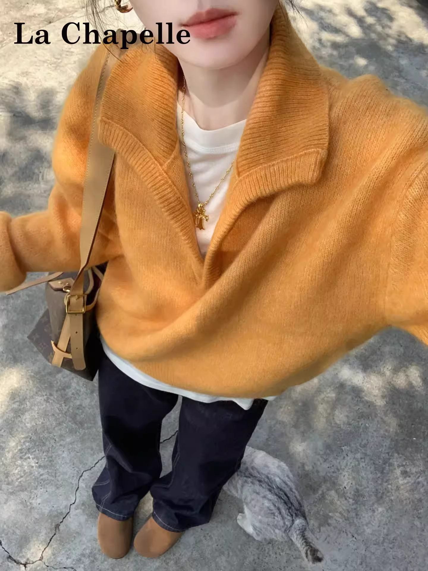 Áo len dệt kim cổ trụ tay dài La Chapelle dành cho nữ, mẫu mới thu đông 2025, kiểu dáng rộng, mặc lót bên trong