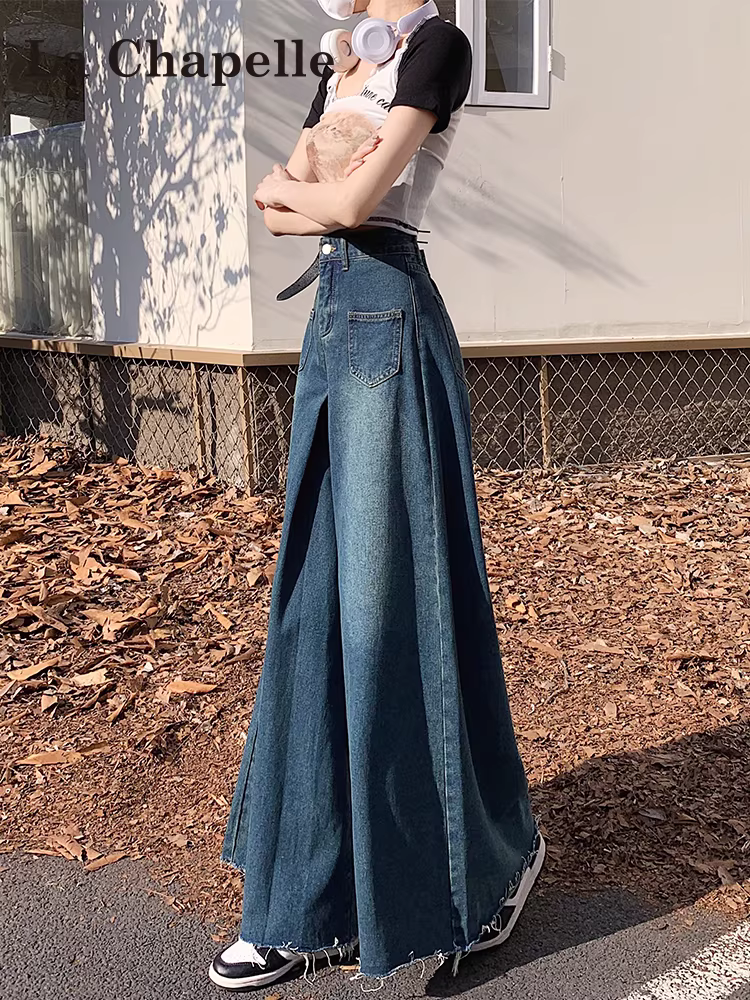 Quần jeans ống rộng La Chapelle kiểu retro dành cho nữ, mẫu mới thu 2025, cạp cao, dáng rộng, xếp ly, vạt xẻ tua rua, dài chấm đất